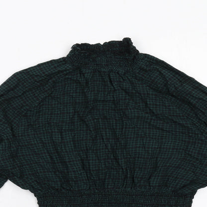 Monki Womens Green Geometric Cotton Basic Blouse Size S Mock Neck