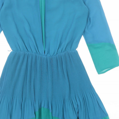 Topshop Womens Blue Geometric Polyester A-Line Size 8 Round Neck Button - Open Back