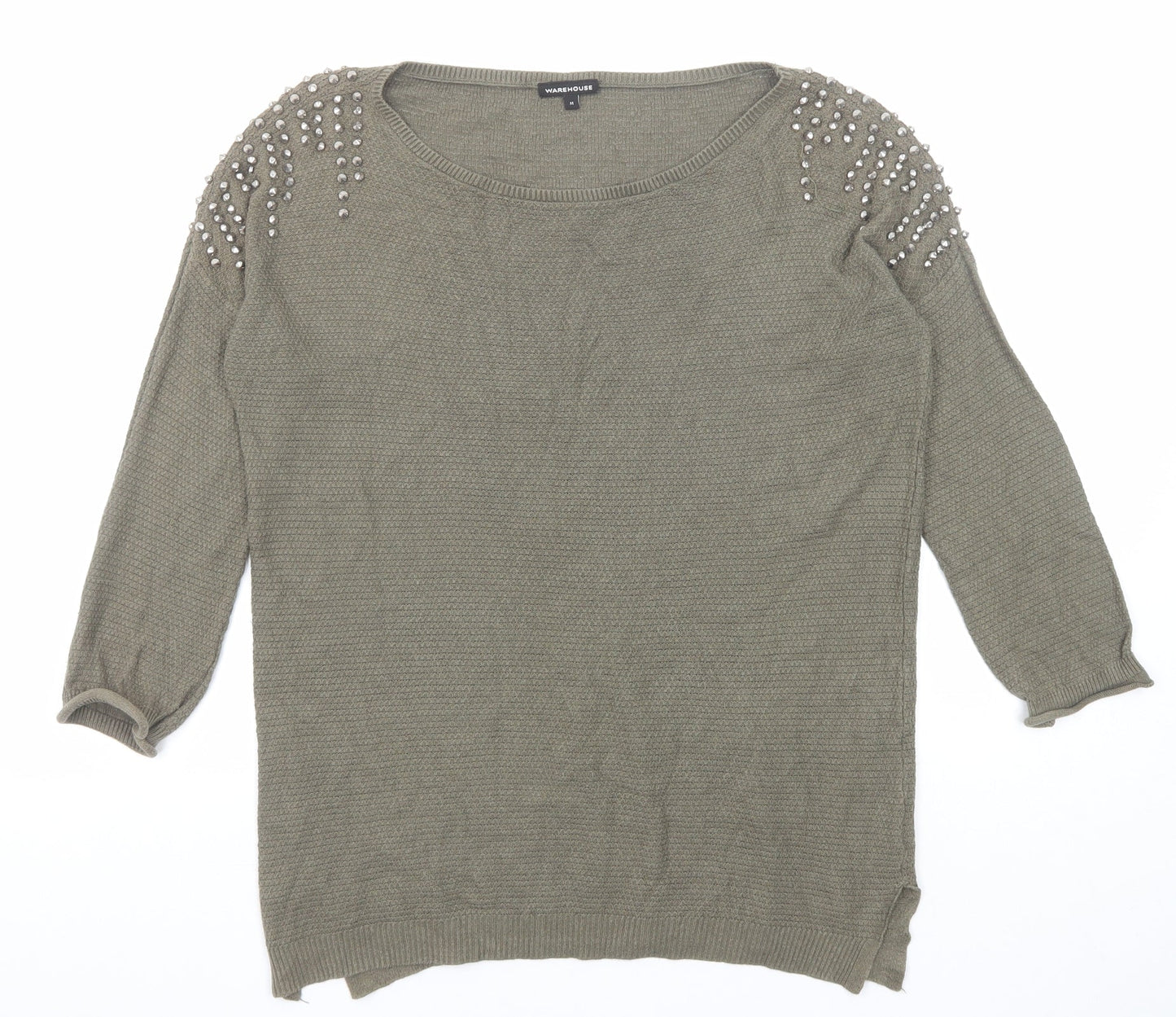 Warehouse Womens Green Boat Neck Cotton Pullover Jumper Size M