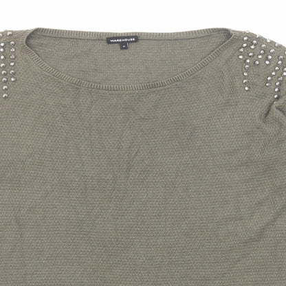 Warehouse Womens Green Boat Neck Cotton Pullover Jumper Size M
