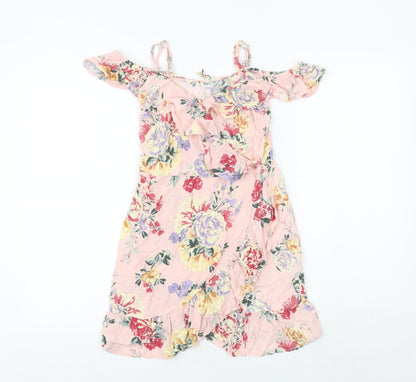 H&M Womens Pink Floral Polyester Skater Dress Size 8 Off the Shoulder Pullover - Frill Straps