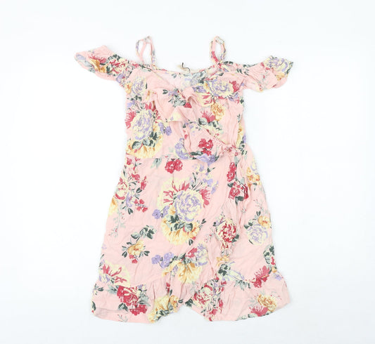 H&M Womens Pink Floral Polyester Skater Dress Size 8 Off the Shoulder Pullover - Frill Straps
