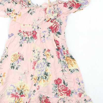 H&M Womens Pink Floral Polyester Skater Dress Size 8 Off the Shoulder Pullover - Frill Straps
