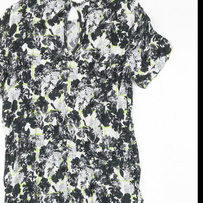 Miss Selfridge Womens Black Floral Viscose Shift Size 10 Round Neck Button