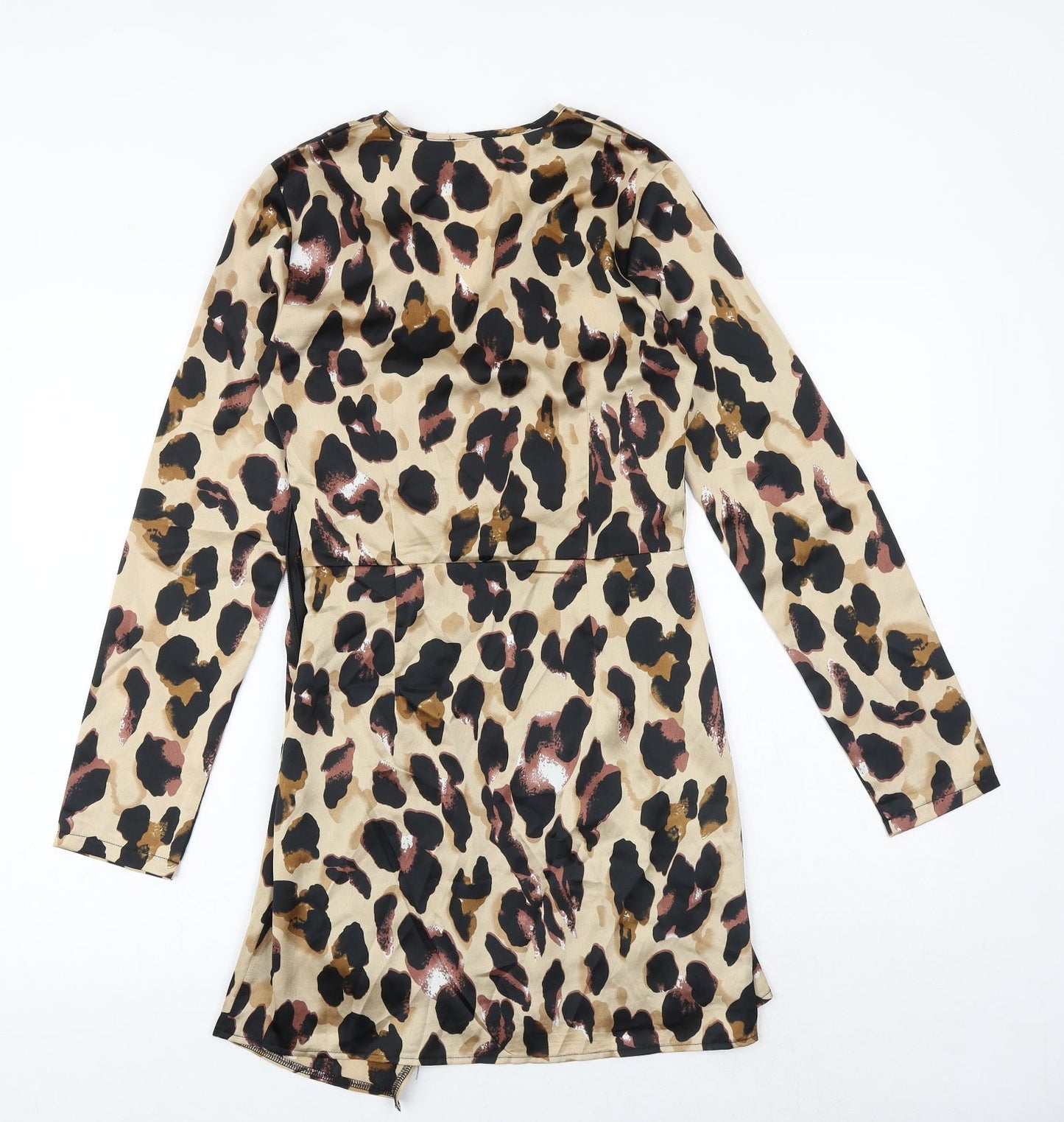 PRETTYLITTLETHING Womens Brown Animal Print Polyester A-Line Size 8 V-Neck Zip - Leopard Pattern