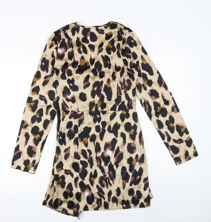 PRETTYLITTLETHING Womens Brown Animal Print Polyester A-Line Size 8 V-Neck Zip - Leopard Pattern