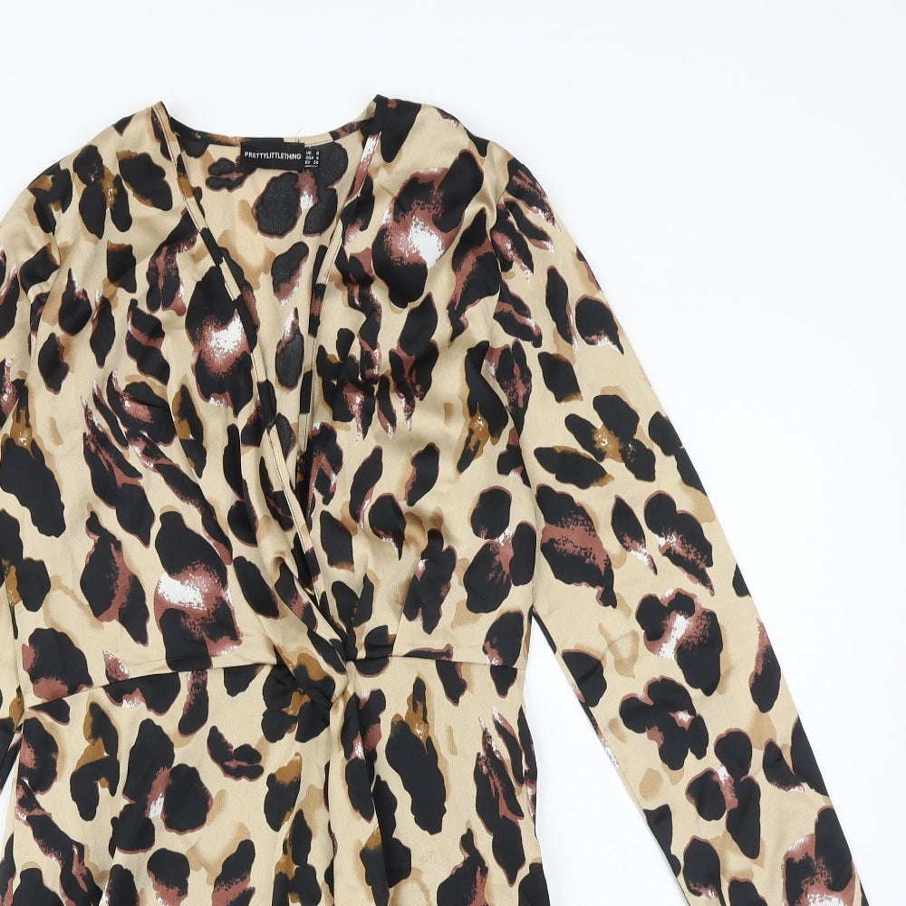 PRETTYLITTLETHING Womens Brown Animal Print Polyester A-Line Size 8 V-Neck Zip - Leopard Pattern