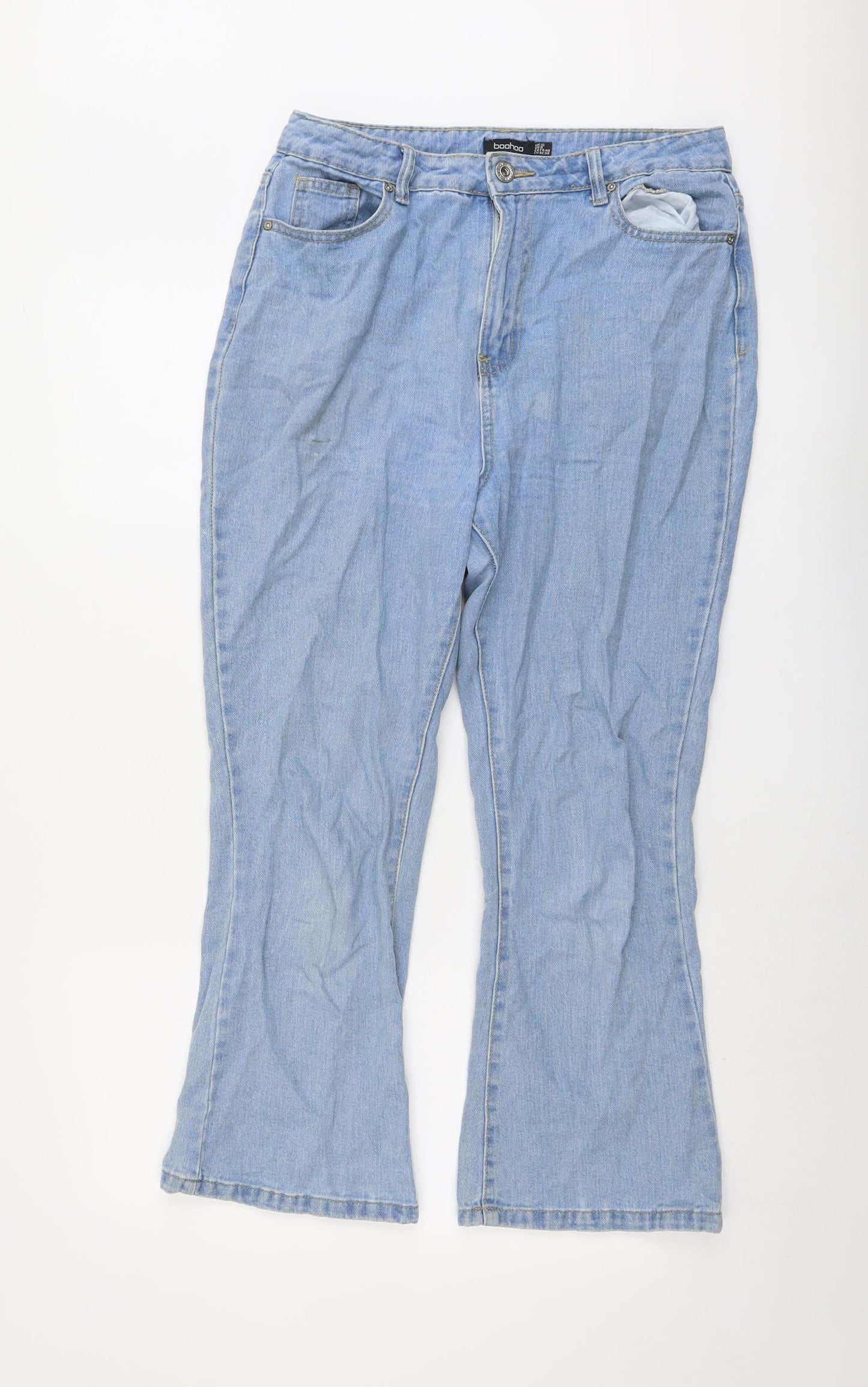 Boohoo Womens Blue Cotton Bootcut Jeans Size 12 L25 in Regular Button
