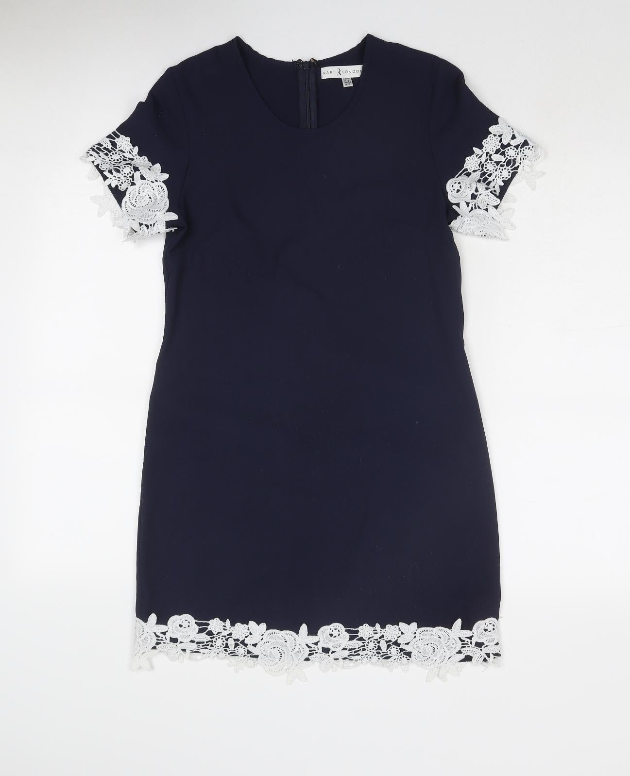 Rare London Womens Blue Polyester Shift Size 6 Round Neck Zip - Crocheted Lace Detail