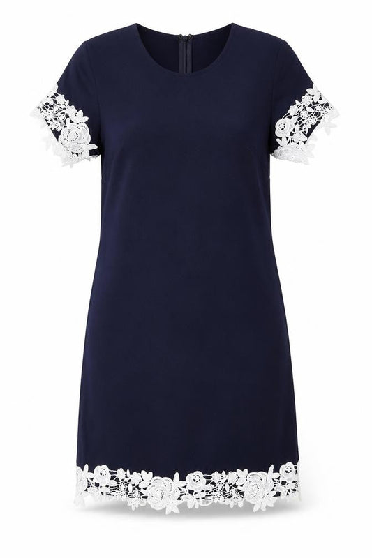 Rare London Womens Blue Polyester Shift Size 6 Round Neck Zip - Crocheted Lace Detail