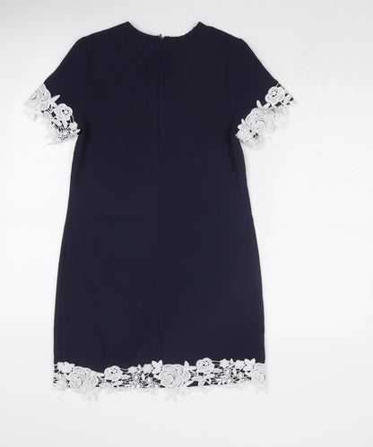 Rare London Womens Blue Polyester Shift Size 6 Round Neck Zip - Crocheted Lace Detail