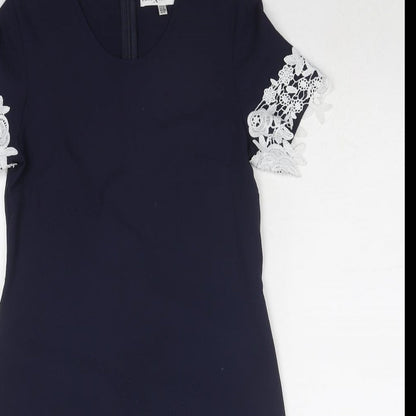 Rare London Womens Blue Polyester Shift Size 6 Round Neck Zip - Crocheted Lace Detail