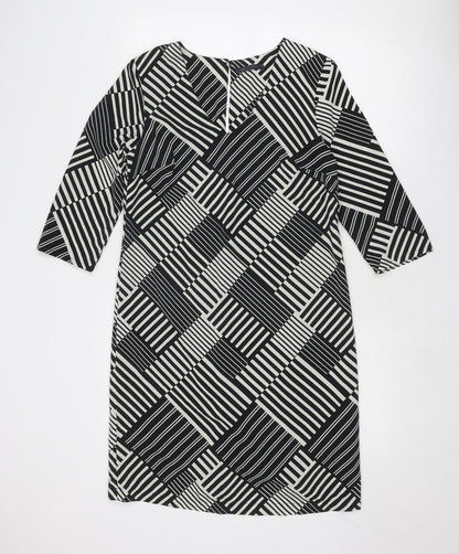 Marks and Spencer Womens Black Geometric Polyester A-Line Size 10 V-Neck Button