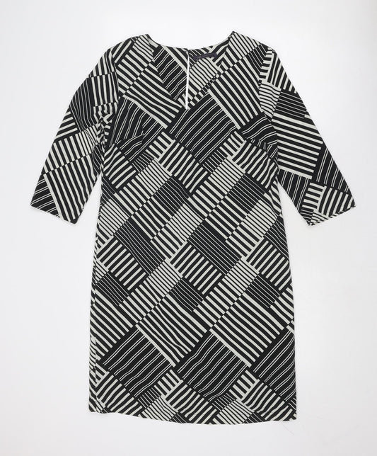Marks and Spencer Womens Black Geometric Polyester A-Line Size 10 V-Neck Button