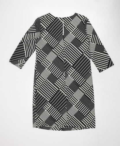 Marks and Spencer Womens Black Geometric Polyester A-Line Size 10 V-Neck Button