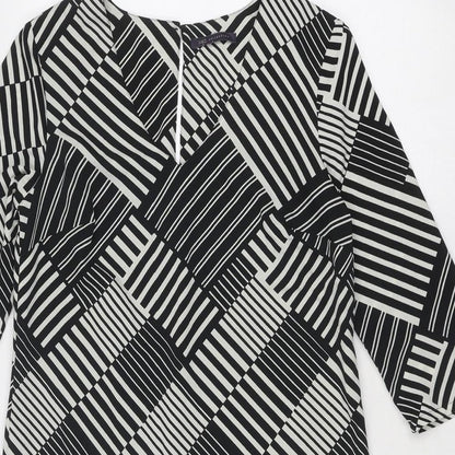 Marks and Spencer Womens Black Geometric Polyester A-Line Size 10 V-Neck Button