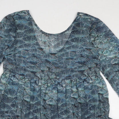 Topshop Womens Blue Geometric Polyester Skater Dress Size 8 Round Neck Pullover