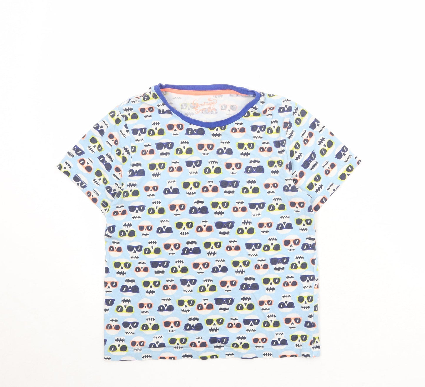 Marks and Spencer Boys Blue Geometric Cotton Pullover T-Shirt Size 9-10 Years Round Neck Pullover - Skull Sunglasses Print