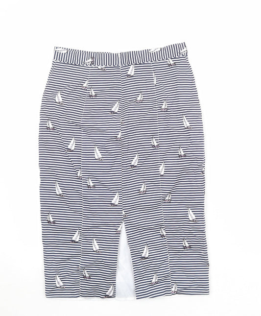 Oasis Womens Blue Striped Cotton Straight & Pencil Skirt Size 12 Zip - Boat Pattern
