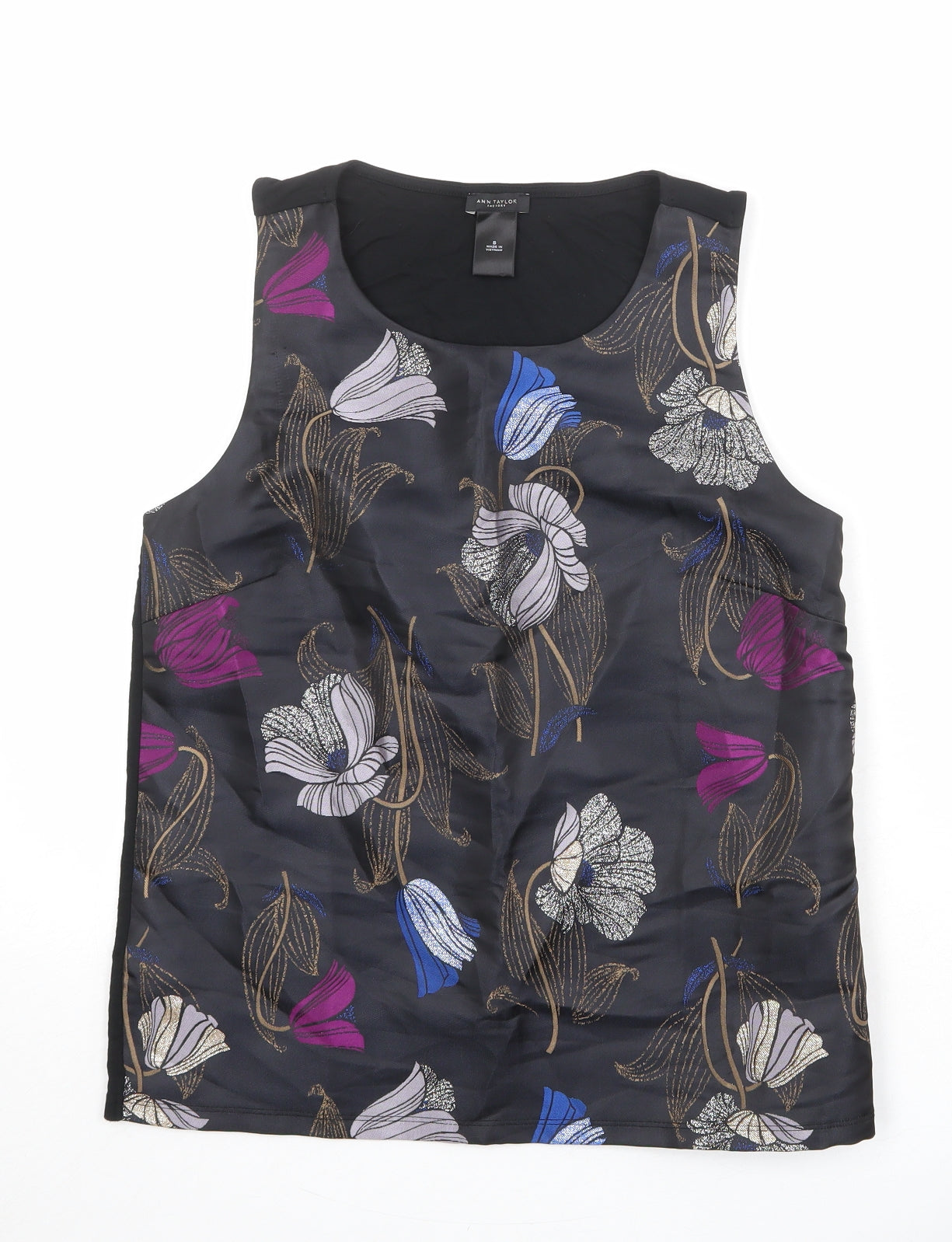 Ann Taylor Womens Black Floral Polyester Basic Tank Size S Round Neck