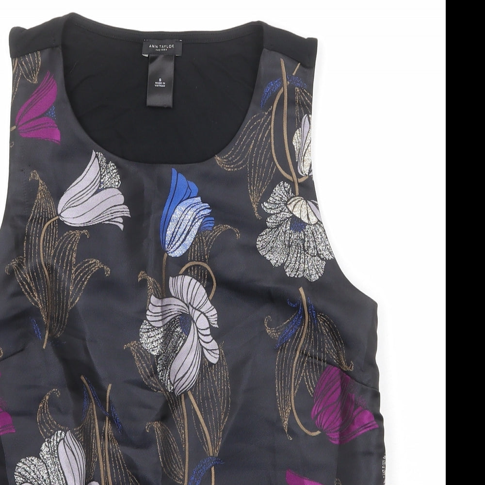 Ann Taylor Womens Black Floral Polyester Basic Tank Size S Round Neck
