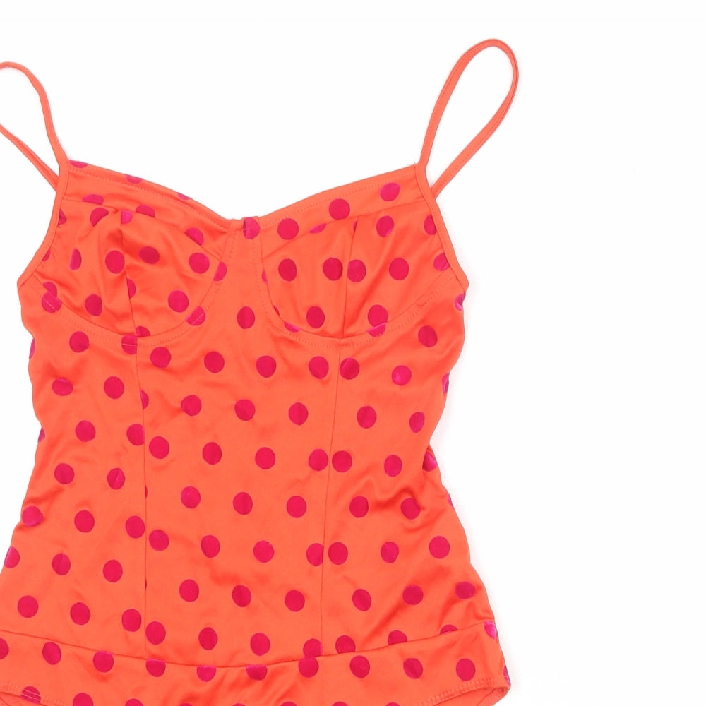 Zara Womens Orange Polka Dot Polyester Bodysuit One-Piece Size S Snap
