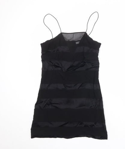 Mango Womens Black Striped Viscose Slip Dress Size M Square Neck Zip