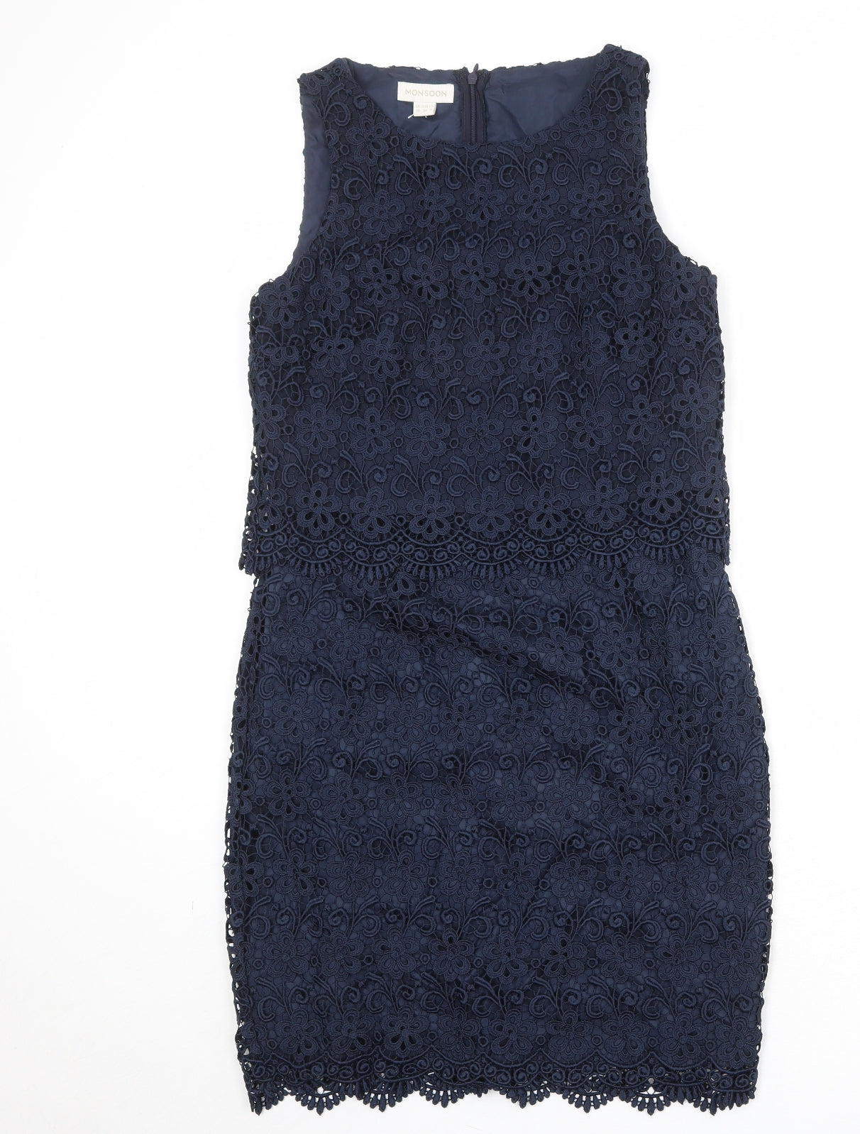 Monsoon Womens Blue Geometric Polyester A-Line Size 10 Round Neck Zip