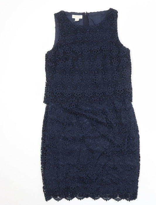 Monsoon Womens Blue Geometric Polyester A-Line Size 10 Round Neck Zip