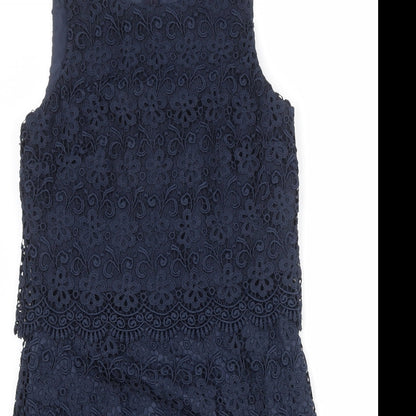 Monsoon Womens Blue Geometric Polyester A-Line Size 10 Round Neck Zip