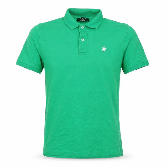 Front view of Beverly Hills Polo Club men’s green cotton polo, size S, collared pullover