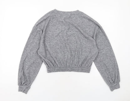Back view of Miss Selfridge women’s grey polyester pullover sweatshirt, size S, pullover