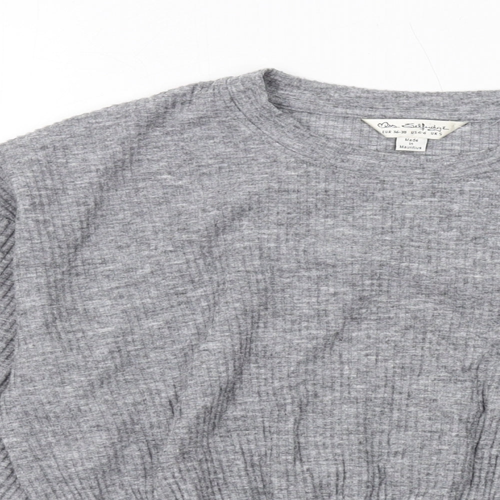 Close-up detail of Miss Selfridge women’s grey polyester pullover sweatshirt, size S, pullover