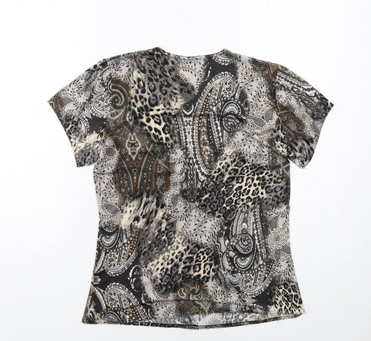 Alexara Womens Brown Geometric Polyester Basic T-Shirt Size M V-Neck - Ruched Detail