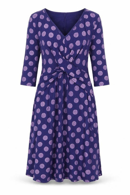 Front view of ASOS women’s purple polka dot viscose trapeze & swing, size UK 10, v-neck pullover