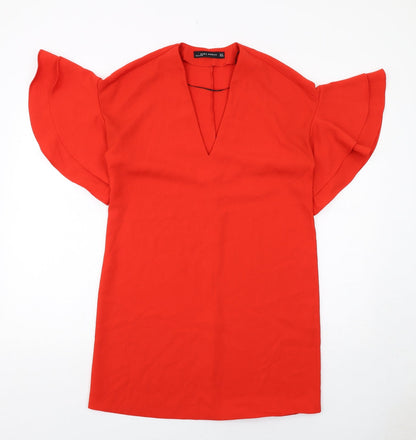 Zara Womens Orange Polyester A-Line Size S V-Neck Pullover