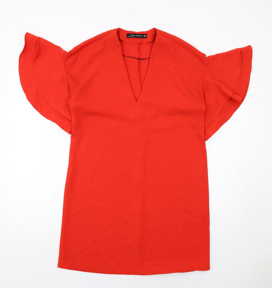Zara Womens Orange Polyester A-Line Size S V-Neck Pullover