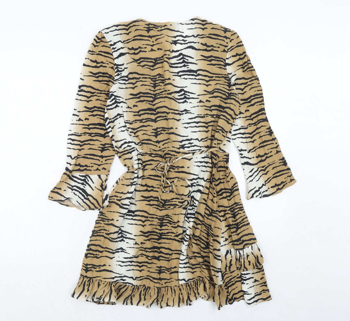 Urban Outfitters Womens Brown Animal Print Polyester Wrap Dress Size S V-Neck Tie - Tiger Print