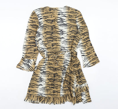 Urban Outfitters Womens Brown Animal Print Polyester Wrap Dress Size S V-Neck Tie - Tiger Print
