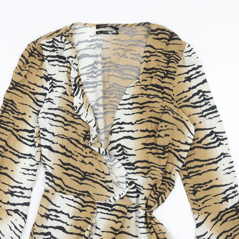 Urban Outfitters Womens Brown Animal Print Polyester Wrap Dress Size S V-Neck Tie - Tiger Print