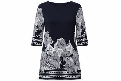 Autonomy Womens Blue Floral Polyester A-Line Size 12 Round Neck Pullover