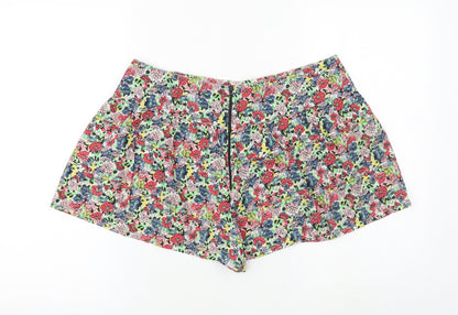 Ribbon Womens Multicoloured Floral 100% Cotton Hot Pants Shorts Size 12 Regular Zip
