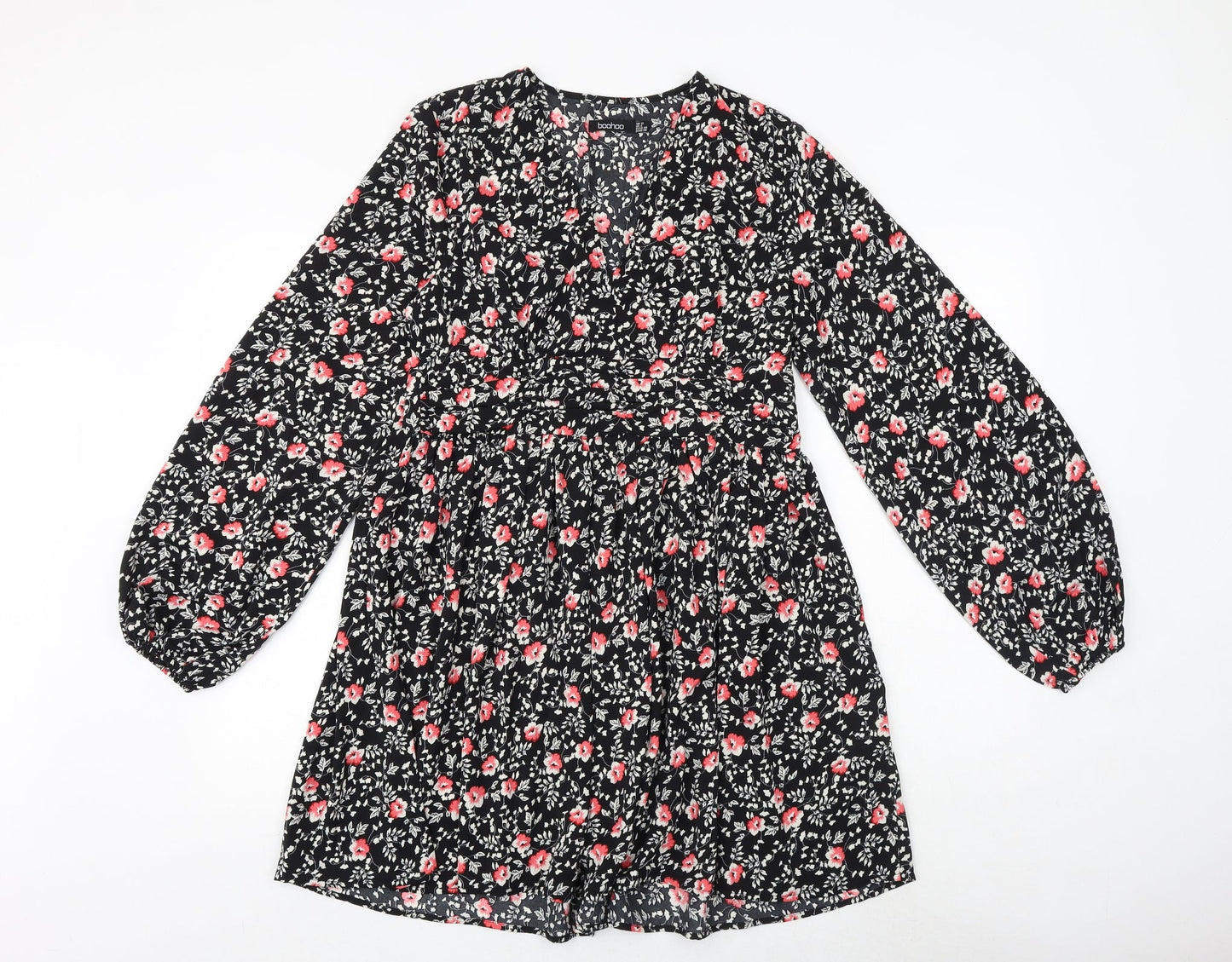 Boohoo Womens Black Floral Polyester A-Line Size 12 V-Neck Zip