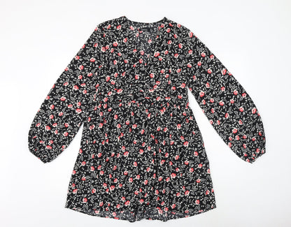 Boohoo Womens Black Floral Polyester A-Line Size 12 V-Neck Zip