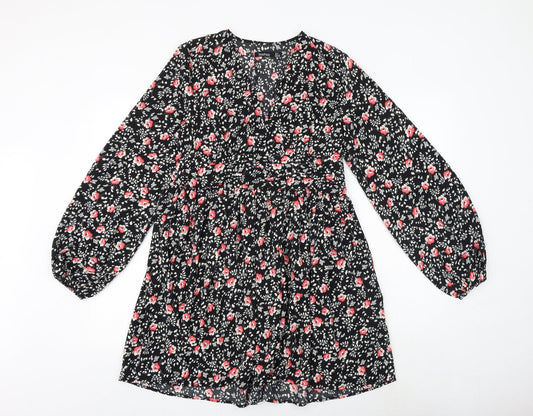 Boohoo Womens Black Floral Polyester A-Line Size 12 V-Neck Zip
