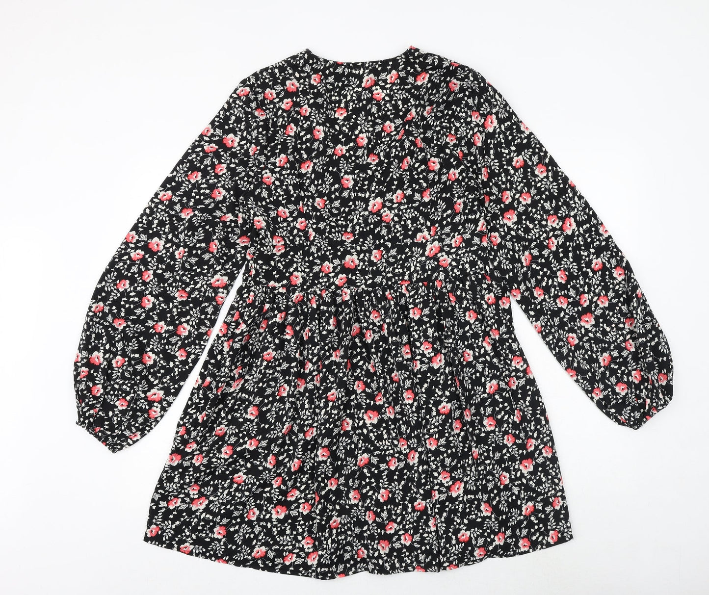 Boohoo Womens Black Floral Polyester A-Line Size 12 V-Neck Zip