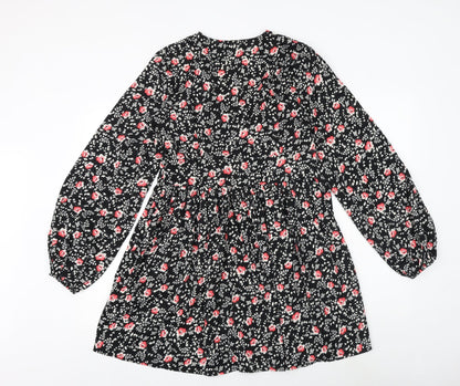 Boohoo Womens Black Floral Polyester A-Line Size 12 V-Neck Zip