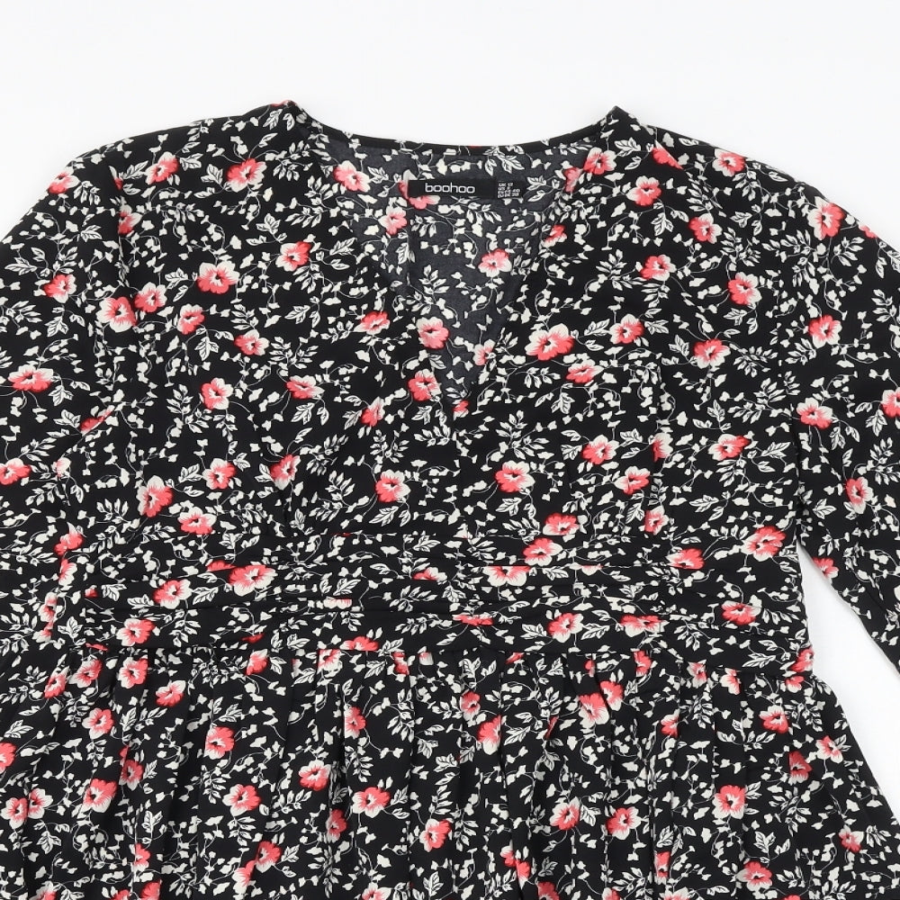 Boohoo Womens Black Floral Polyester A-Line Size 12 V-Neck Zip