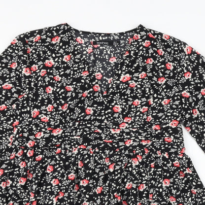 Boohoo Womens Black Floral Polyester A-Line Size 12 V-Neck Zip