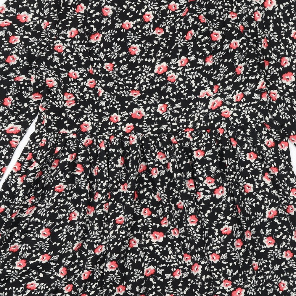 Boohoo Womens Black Floral Polyester A-Line Size 12 V-Neck Zip